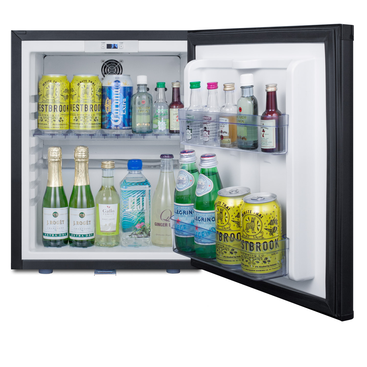 Compact minibar in black with front lock and reversible door